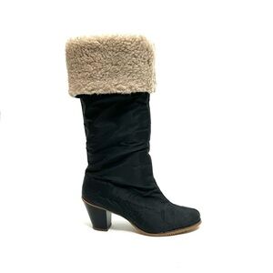 Vintage 1970s deadstock black nylon fleece lined knee high winter boots